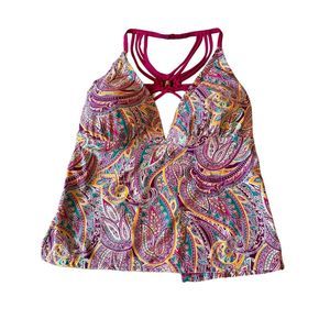 Playa Swim Paisley Halter Tankini Top Women's M 8 10 Magenta Purple Teal Yellow